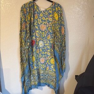 Free People Blue Kimono with Yellow Floral design and bell sleeves